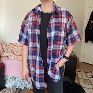 Blue and red plaid button up tshirt